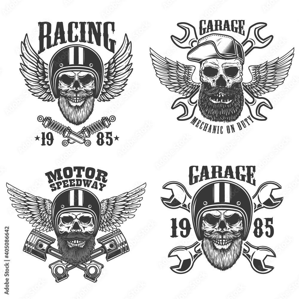 Set of the emblems with bearded skull in racer helmet with wings. Design element for logo, label, sign, emblem, poster, t shirt. Vector illustration Set of the emblems with bearded skull in racer helmet with wings. Design element for logo, label, sign, emblem, poster, t shirt. Vector illustration