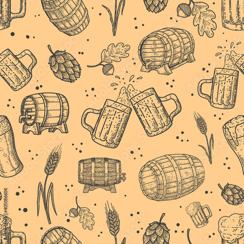 Seamless pattern with beer design elements. For  poster, card, banner, flyer. Vector illustration