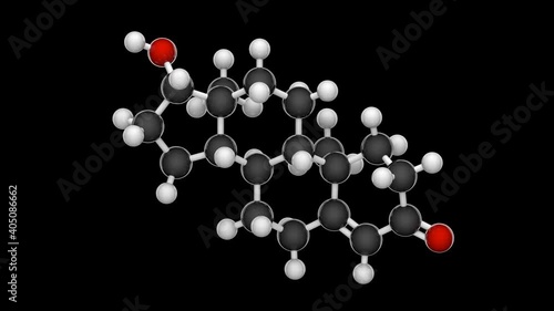 Molecular structure of Testosterone - steroid hormone from the androgen group. C19H28O2. 3D render. Seamless loop. Isolated and rotating on black background. Ball and Stick chemical structure model.