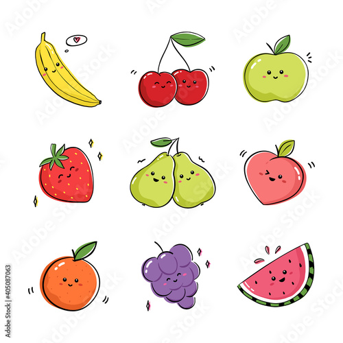 Collection of fruits expressing positive emotions. Set of drawings with fruits and berries in kawaii style.