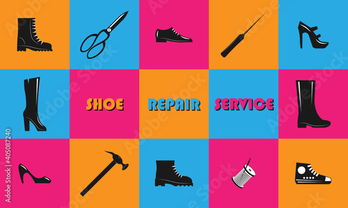 Shoe repair service. Trendy concept in old retro style. Vector in neon colors
