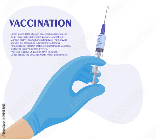 A syringe of medicine. Physician's hands in blue protective medical gloves. Flu vaccination, anesthesia, beauty injection in cosmetology. Treatment and protection against viral infections and diseases