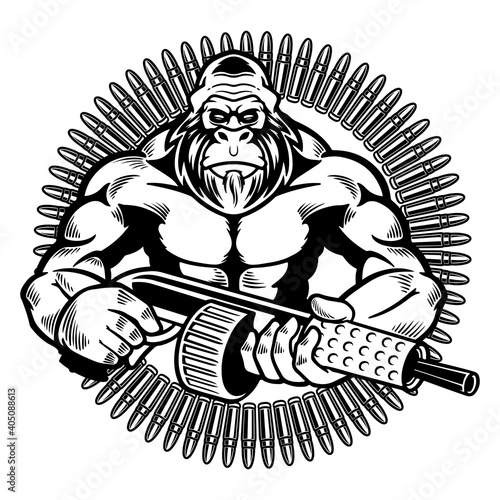 Vector illustration of wild monkey with machine gun in a retro style. Angry gorilla holding guns with silencers isolated on white background. Wild animals concept in cartoon style. T-shirt design