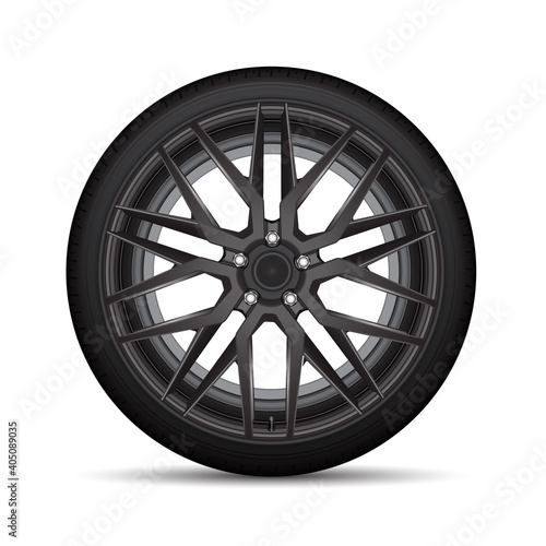 Realistic vector black alloy car wheel tire style sport on white background illustration.