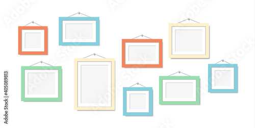 Set color frames for photos or pictures hanging on the wall. Vector mock up. blank frame art gallery. © kornetka