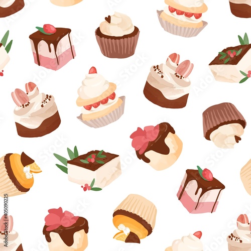 Seamless pattern with sweet desserts, pieces of cakes and cupcakes decorated with whipped cream, berries, fruits and toppings. Endless backdrop for printing. Colorful vector illustration on white