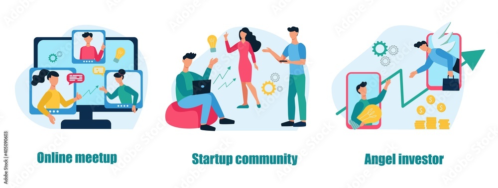 A set of business concepts and metaphors. Online meetup, Startup community, Angel investor. Teamwork, business development. Flat cartoon vector illustration.