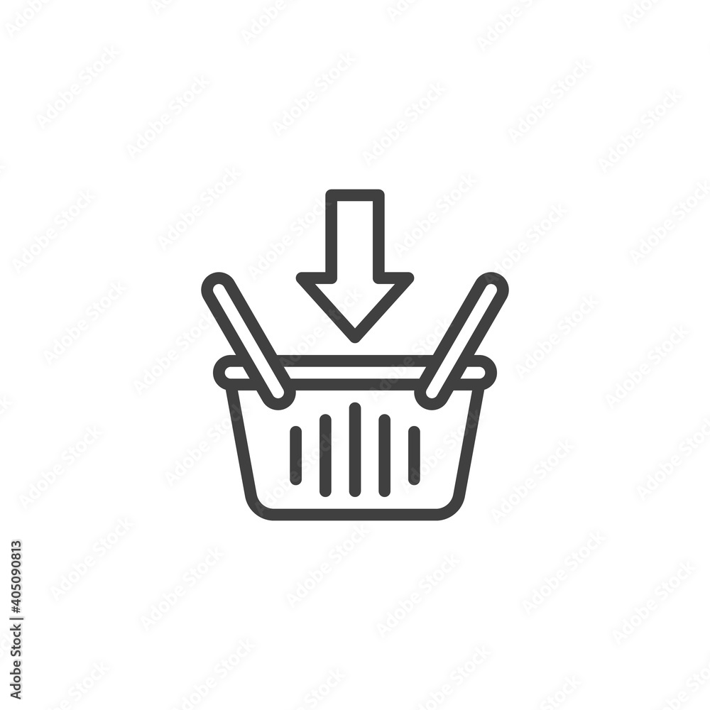 Add to cart line icon. linear style sign for mobile concept and web design. Shopping basket with down arrow outline vector icon. Symbol, logo illustration. Vector graphics