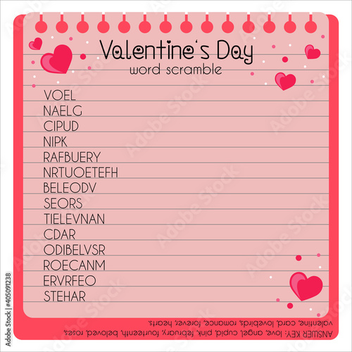 Valentine's Day word scramble. Educational logic game for learning English.