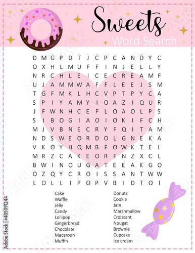 Sweets word search puzzle. Educational game for kids and adults.  Party card. Worksheet for learning English. Valentine's day activity page. 