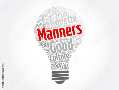 Manners light bulb word cloud collage, concept background