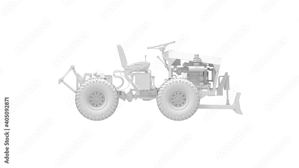 3D rendering of a mini tractor work vehicle machinery computer model working engineering on white background