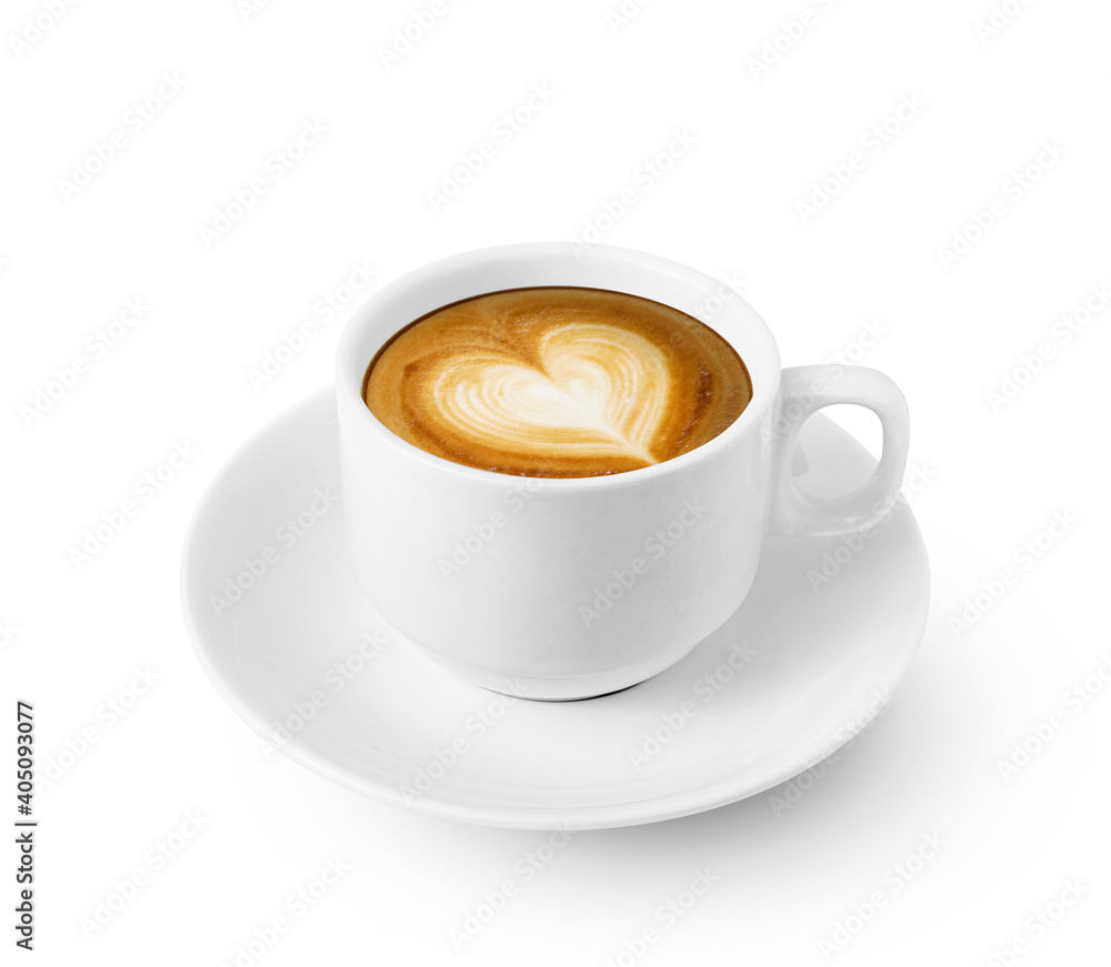 Fototapeta hot coffee cup,cappuccino, espresso have heart shaped cream isolated on white background.