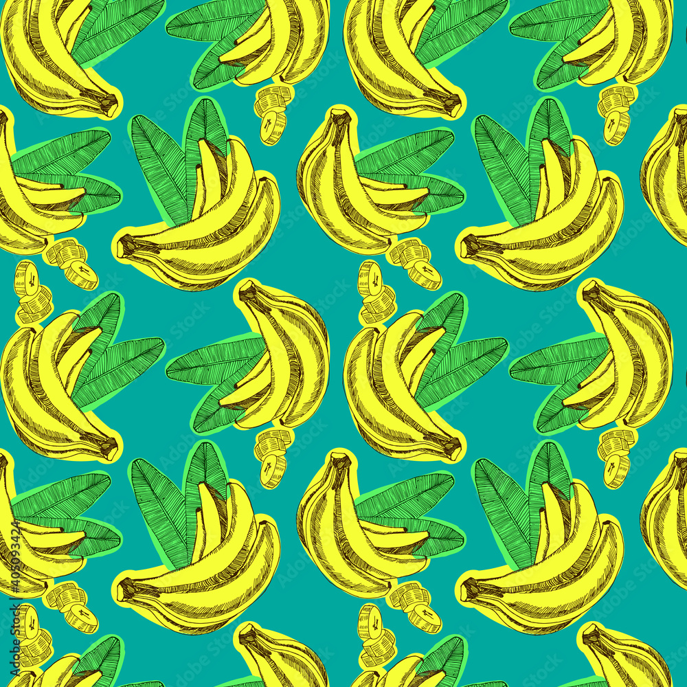 Banana and banana leaves ink drawing. Fresh Fruits. Grocery store. Colorful Tropical Food illustration. Seamless repeatable pattern. Fabric product design. Yellow, green, pink. 