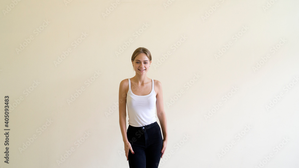 People, beauty and lifestyle concept. Shot of attractive sensual woman with wide smile People, beauty and lifestyle concept. Shot of attractive sensual woman with wide smile