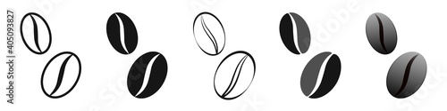 Coffee beans icon. Set of icons, coffee tree grains, arabica and robusta coffee grains. Flat design, vector illustration