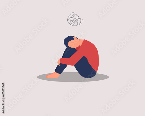 Depressed male character sitting on floor and hugging knees, above  scribble. Mental health concept. Depression, bipolar disorder, dementia, obsessive compulsive, post traumatic stress disorder.