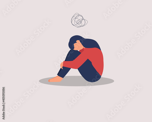 Depressed female character sitting on floor and hugging knees, above scribble. Mental health concept. Depression, bipolar disorder, dementia, obsessive compulsive, post traumatic stress disorder.