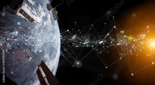 Fototapeta Naklejka Na Ścianę i Meble -  Satellites sending datas exchanges and connections system over the globe 3D rendering elements of this image furnished by NASA