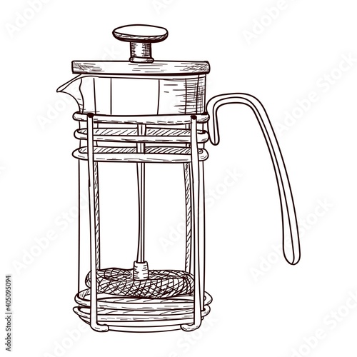 Glass coffee maker for making coffee, contour drawing brown isolated on white background, stock vector illustration for design and decor, clear art, sticker, cooper cookware
