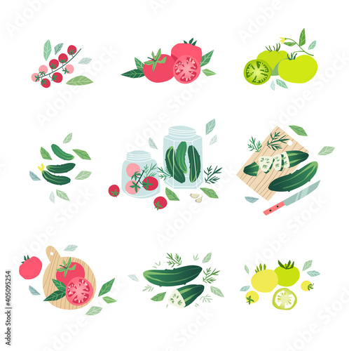 Mini sets with various kind of tomatoes and fresh green cucumbers