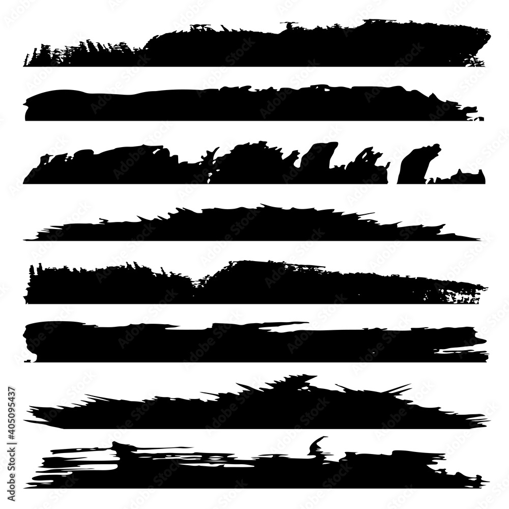 Vector collection of artistic grungy black paint hand made creative brush stroke set isolated on white background. A group of abstract grunge sketches for design education or graphic art decoration Vector collection of artistic grungy black paint hand made creative brush stroke set isolated on white background. A group of abstract grunge sketches for design education or graphic art decoration