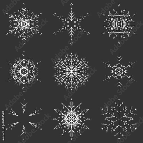 Vector collection of artistic icy abstract crystal snow flakes isolated on background as winter december decoration group or collection. Ice or frost beautiful star ornament silhouette or season art