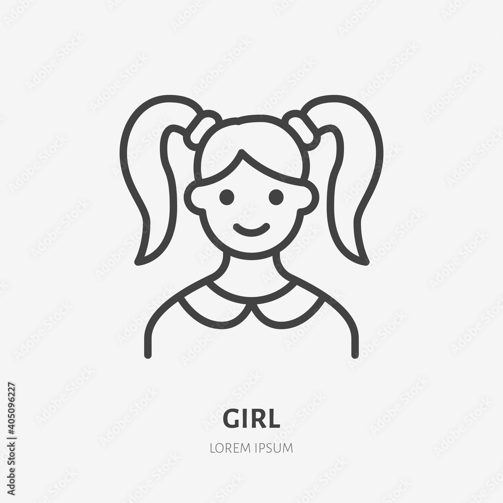 Obraz premium Girl flat line icon. Vector outline illustration of school kid. Black color thin linear sign for smile youth women person