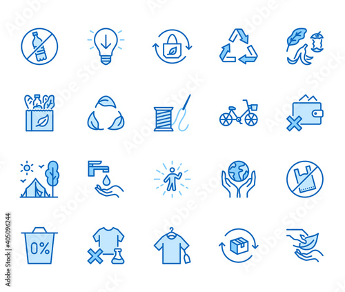 Zero waste lifestyle flat line icons set. Refuse, reduce, reuse, recycle, leaves circle, save water, planet, eco tourism vector illustration. Outline signs of ecology. Blue color, Editable Stroke