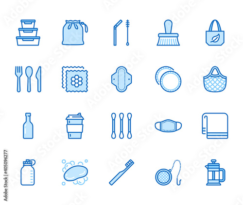 Zero waste products flat line icons set. Reusable bottle, wooden cutlery, metal straw, period pad, face mask vector illustration. Outline signs of sustainable lifestyle. Blue color, Editable Stroke