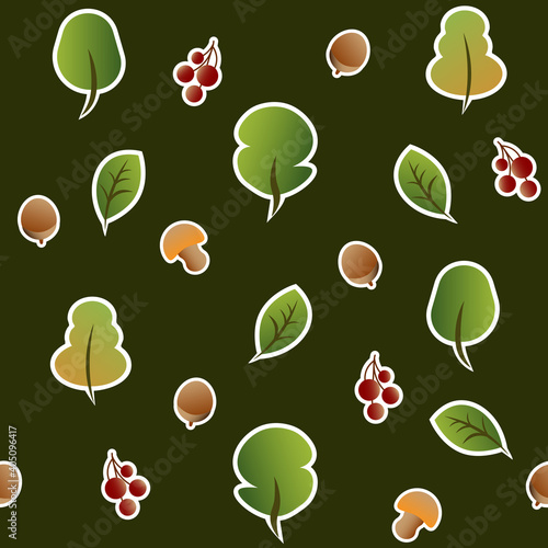 Nature set icons trees vector seamless pattern illustration flat style oak berry leaf acorn mushroom