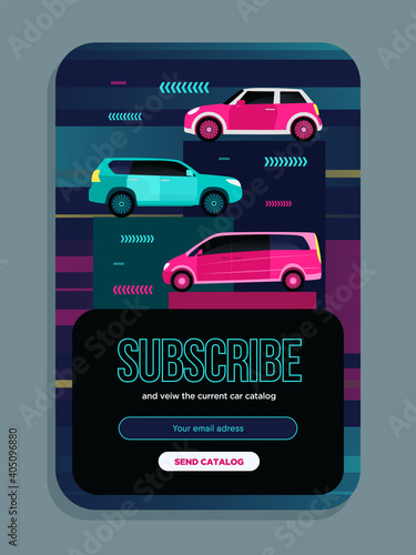 Newsletter design with vans and minivans. New cars vector illustrations with subscribe button, box for email address Car shop and auto dealer concept for subscription letter design