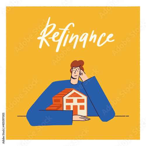 Beautiful young man holding little house in hand. Concept of business in real estate, rent. Male cartoon flat concept on yellow background. Hand drawn lettering Refinance.