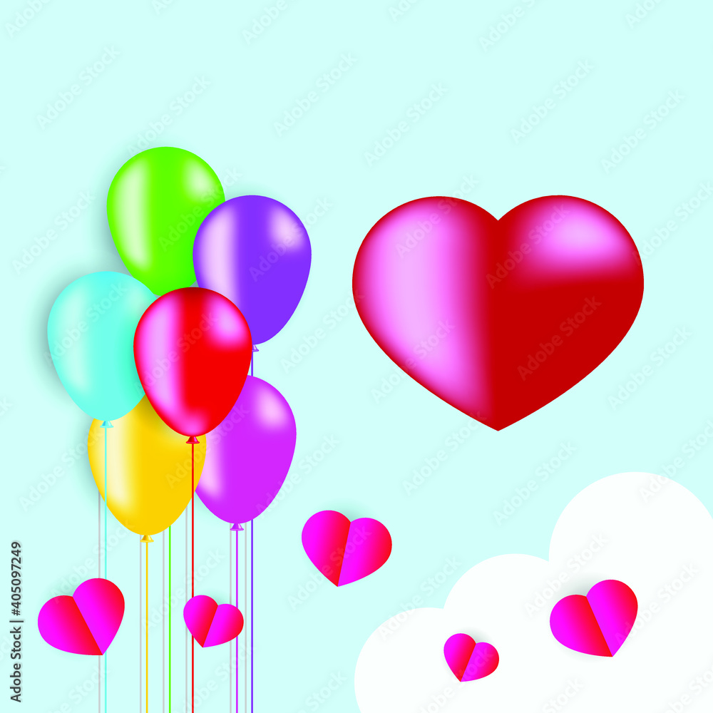 vector illustration of colorful balloons on blue background and red heart for greeting card, love themed greeting card