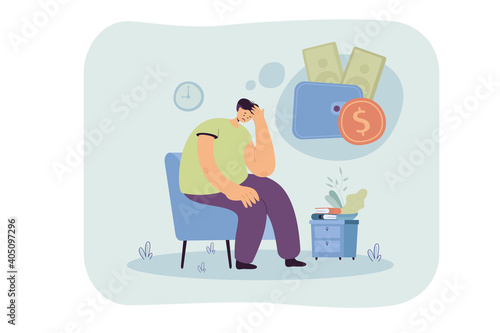 Sad unhappy person having money problem. Broke man feeling sad and depressed, staying home and thinking of unpaid loan. Vector illustration for bankrupt, financial crisis, depression concept