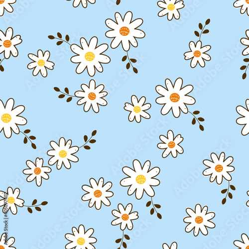 Seamless pattern with daisy flower and leaves on blue background vector illustration.