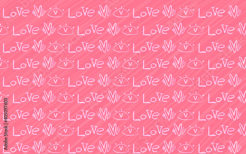Abstract love background with white hearts, eyes. Striped pink backdrop with hand written lettering. Valentines Day pattern Illustration.