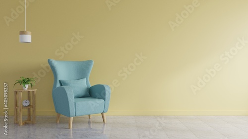 Fototapeta Naklejka Na Ścianę i Meble -  Living room has a blue sofa decorated with lamps and trees with yellow walls in the background.3d rendering.