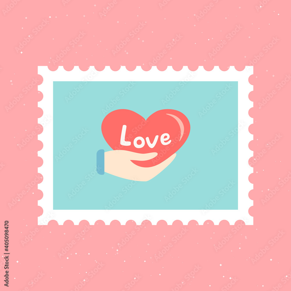 Сute and romantic hand-drawn post stamp with Hand, keeping red heart with word Love. Mail and post office conceptual drawing. Love and Valentines day concept. Designs for greeting cards, print, web. Сute and romantic hand-drawn post stamp with Hand, keeping red heart with word Love. Mail and post office conceptual drawing. Love and Valentines day concept. Designs for greeting cards, print, web.