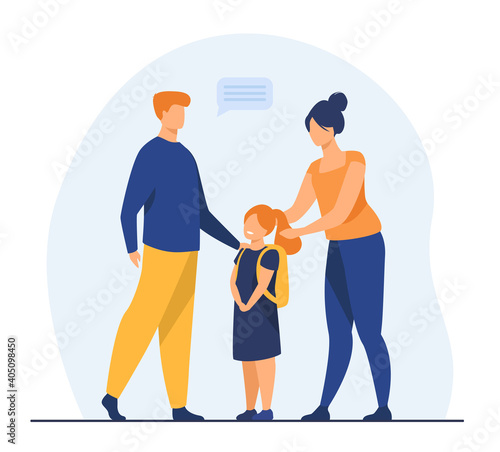 Parents preparing cute daughter to school. Love, study, backpack flat vector illustration. Education and parenthood concept for banner, website design or landing web page