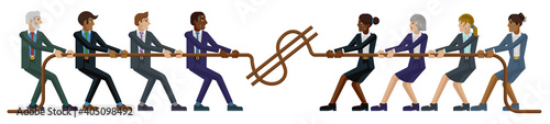 A tug of war rope pulling business people concept with teams of men and women fighting over money or wages. Concept for the struggle for equality or equal pay in the workplace.