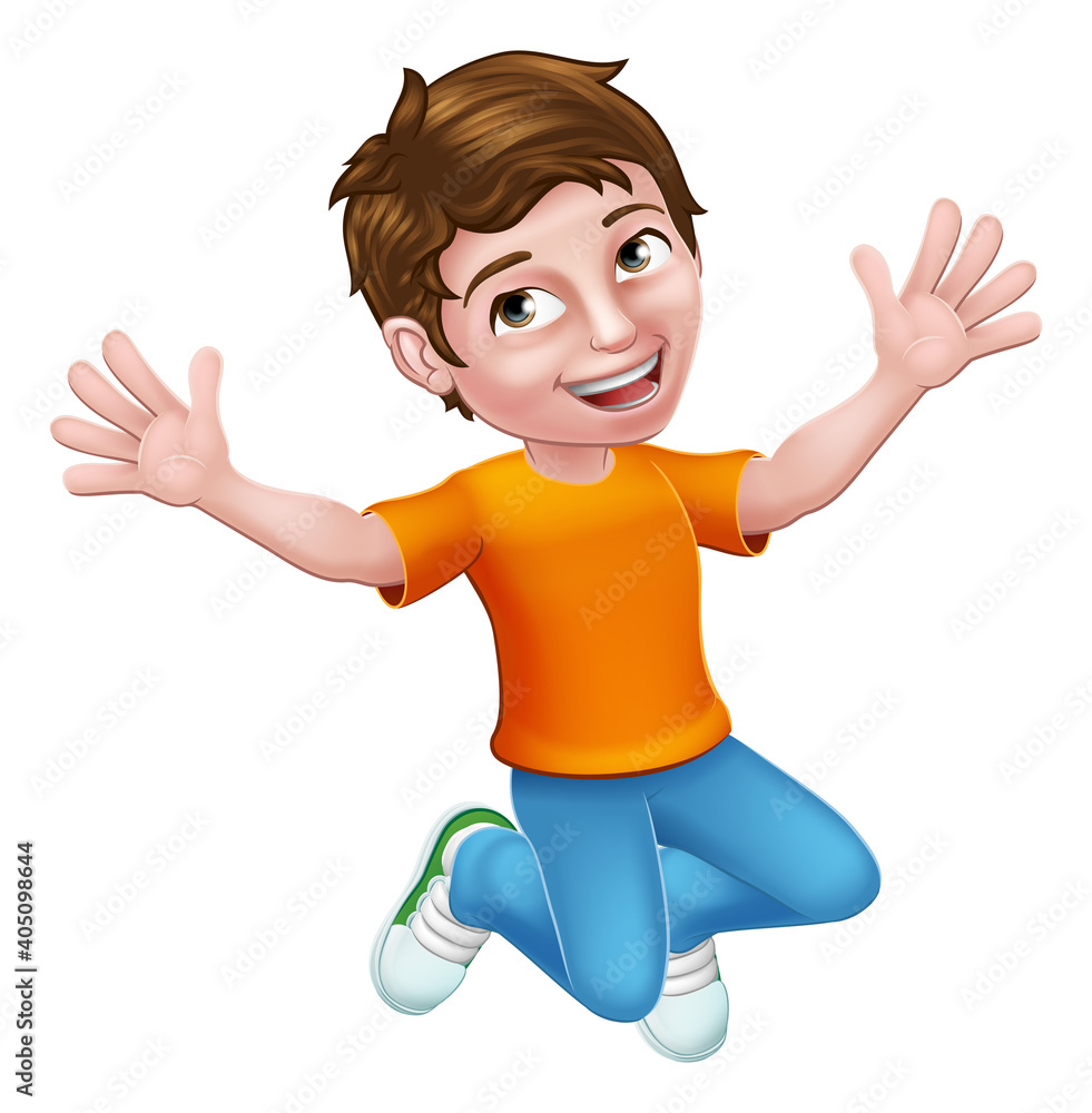 A happy boy kid child cartoon character jumping for joy A happy boy kid child cartoon character jumping for joy
