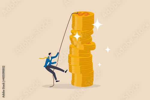 Financial goal, income, salary and career path, investor risk to make profit or savings to reach financial independence concept, businessman trying hard climbing rope to reach top of money coins stack