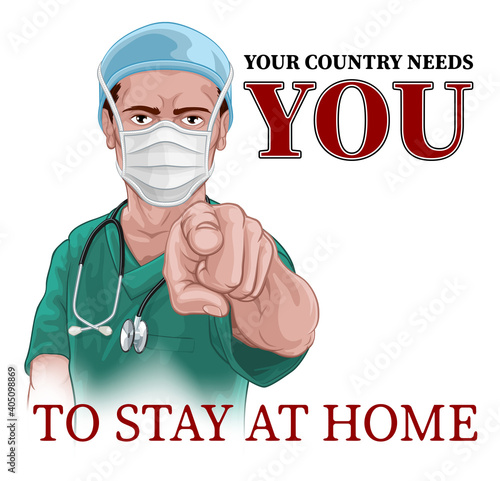 Photo A nurse or doctor in surgical or hospital scrubs and mask pointing in a your country needs or wants you gesture