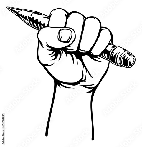 A fist hand holding a pencil in a vintage intaglio woodcut engraved or retro propaganda style