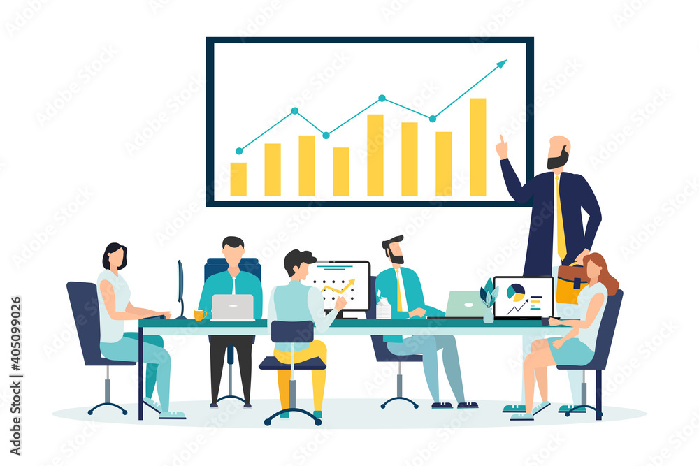Strategy. Team discusses about business strategy. Vector illustration Strategy. Team discusses about business strategy. Vector illustration