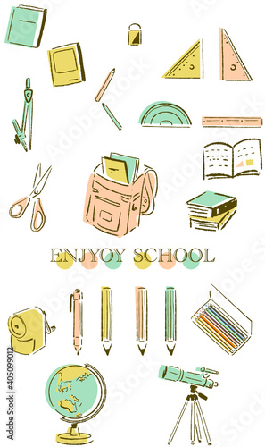 学校で使う文房具をルーズに描いたイラストセット
Illustration set that loosely depicts stationery used at school