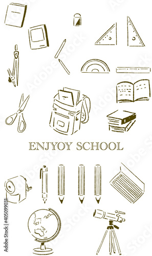                                                                      Illustration set that loosely depicts stationery used at school