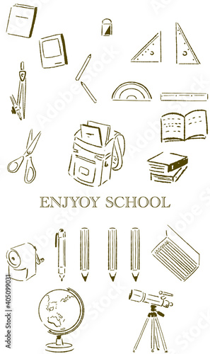 学校で使う文房具をルーズに描いたイラストセットIllustration set that loosely depicts stationery used at school