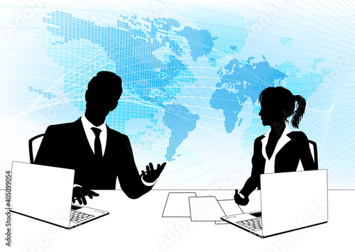 A pair of news anchor tv reporters or presenters in silhouette in studio behind a desk